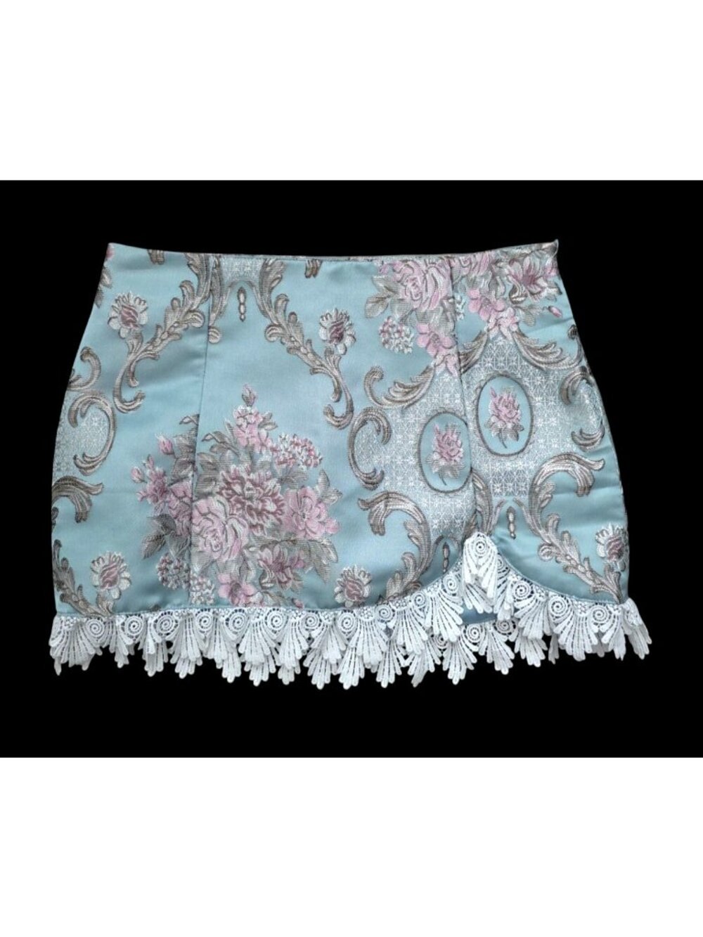 Sugar Thrillz Smitten Embraces Blue Brocade Mini Skirt w/ White Lace Hem Sz M